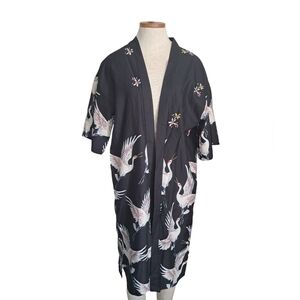 HAORUN short sleeve open front kimono duster bold birds lightweight polyester M